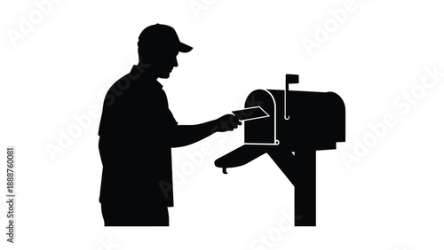 Silhouette of a postal worker wearing a cap delivering mail by placing a letter inside an opened residential mailbox on a white background.