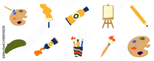 Set of Art Supplies Icon on White Background