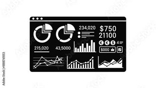 Black and white vector graphic displaying various financial metrics charts and monetary icons within a minimalist interface window