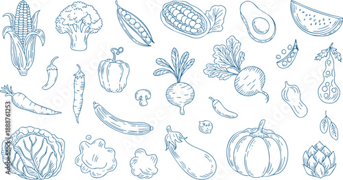 Vegetable Icon Set – Hand‑Drawn Broccoli, Carrot, Pea, Pumpkin, and Fresh Produce Vector EPS Pack