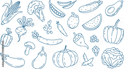 Vegetable Icon Set – Hand‑Drawn Broccoli, Carrot, Pea, Pumpkin, and Fresh Produce Vector EPS Pack