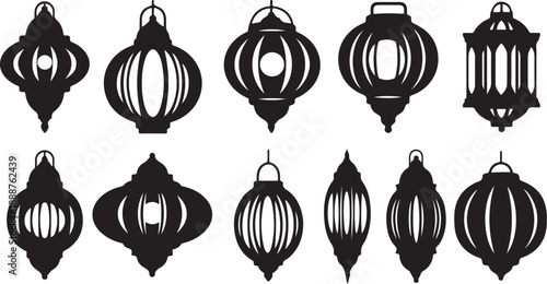 Collection of black lanterns in various shapes and designs