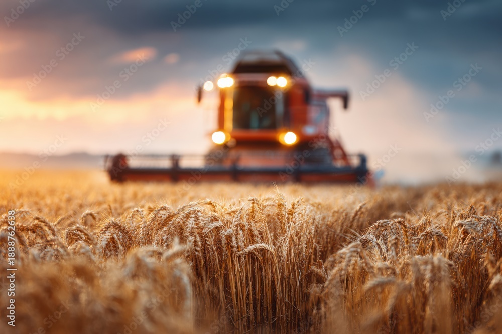 Fototapeta premium Wheat field with combine harvester during harvest season at sunset
