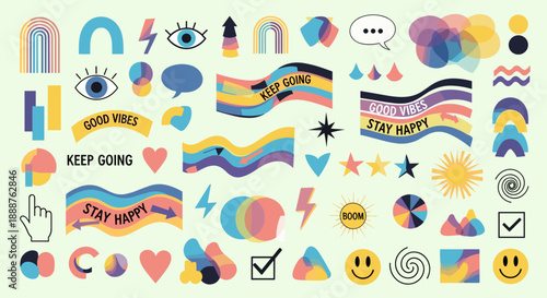 Retro Aesthetic Sticker Set with Positive Quotes and Colorful Graphic Elements