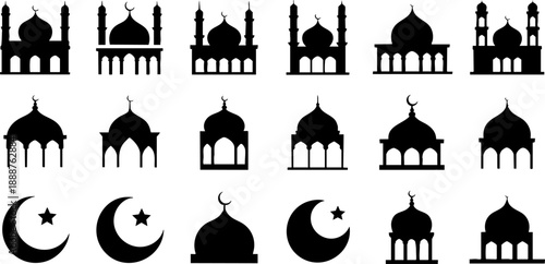 Mosque and Islamic Architecture Icon Set – Dome, Crescent Moon, and Religious Building EPS Vector