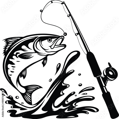 Fishing Rod and Jumping Fish Silhouette for Angling Hobby and Adventure