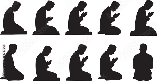 Silhouette of a man in various prayer positions sequence