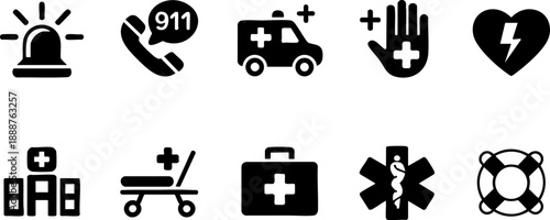 Emergency and Medical Response Icon Set – Ambulance, Hospital, and First Aid Vector EPS Pack