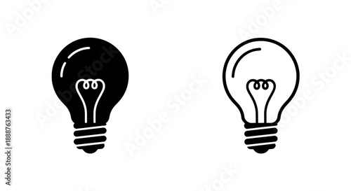 Black and White Idea Lightbulb Icons: Concept, Innovation, and Problem Solving Symbols for User Interface Design.