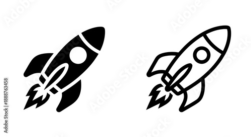 Black and White Rocket Icons: Innovation, Speed, and Future Concepts for Business Development and UI Design.