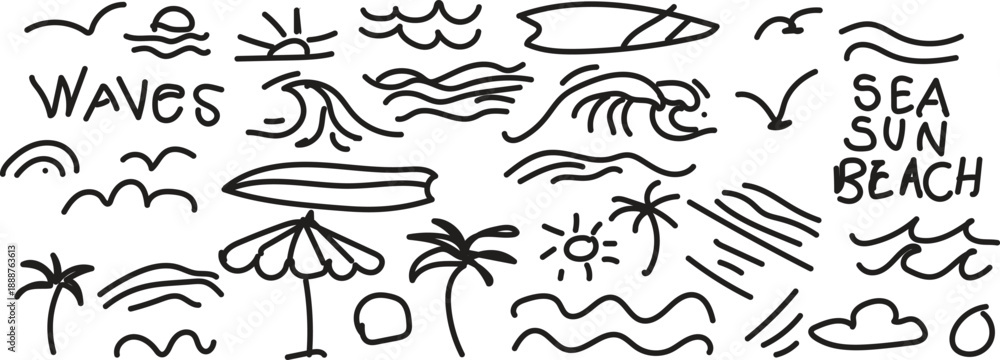 Fototapeta premium Summer beach and sea hand drawn doodle collection with palm trees waves and tropical elements.