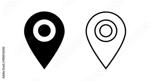 GPS location pin vector icon set in solid and outline styles, ideal for maps, navigation, and destination marking.