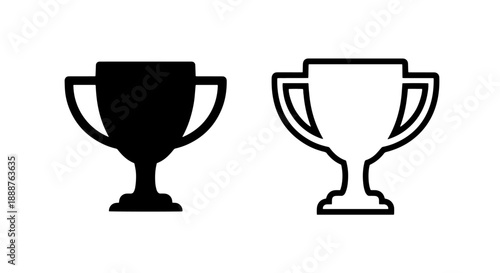 Champion trophy cup vector icon set with solid and outline designs, symbolizing award, victory, and success.