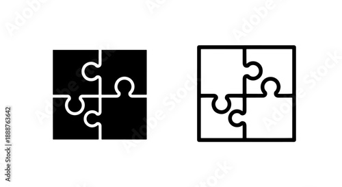 Complete four-piece puzzle vector icon set in solid and outline styles, representing problem-solving and interconnected systems.