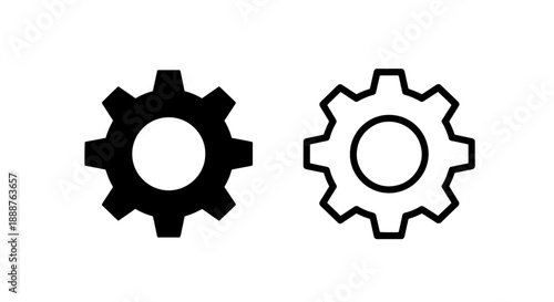 Mechanical gear cogwheel vector icon set in solid and outline styles, symbolizing settings, process, and system functions.