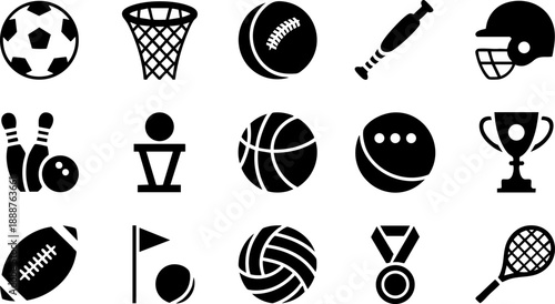 Sports and Games Icon Set – Ball Games, Trophy, Medal, Swimming, Golf, and Athletics Vector EPS Pack