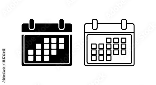 Detailed calendar with multiple dates vector icon set in solid and outline styles, ideal for scheduling and event planning.