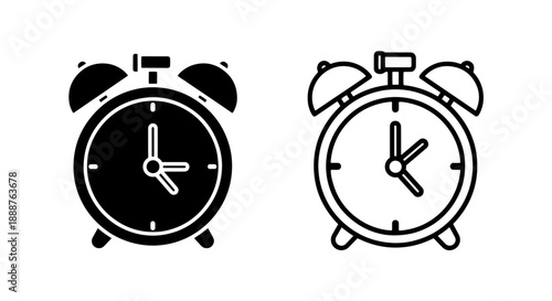 Classic alarm clock vector icon set in solid and outline styles, representing time management, reminders, and deadlines.