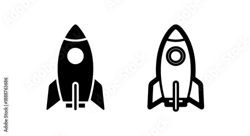 Sleek rocket icon set in solid and outline styles, symbolizing a fast startup, advancement, and future technological aspirations.