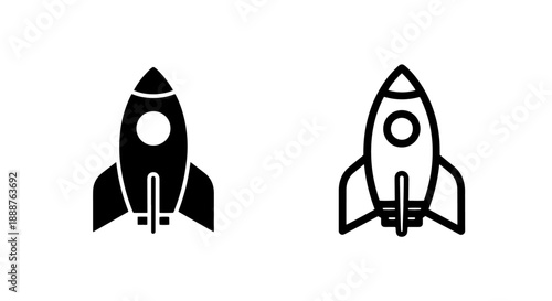 Modern rocket spaceship vector icon set in solid and outline styles, representing startup launch, innovation, and future growth.