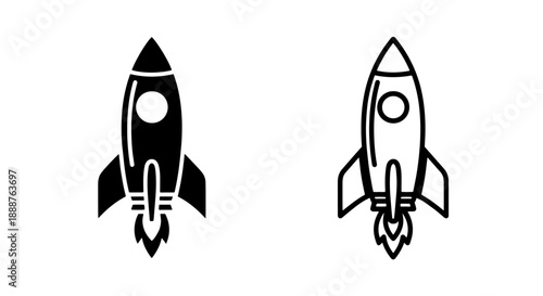 Dynamic rocket with flame vector icon set in solid and outline styles, representing powerful launch, progress, and accelerated growth.