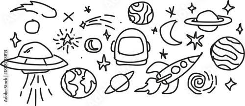 Outer space hand drawn doodle set with planets rocket ship ufo and stars.