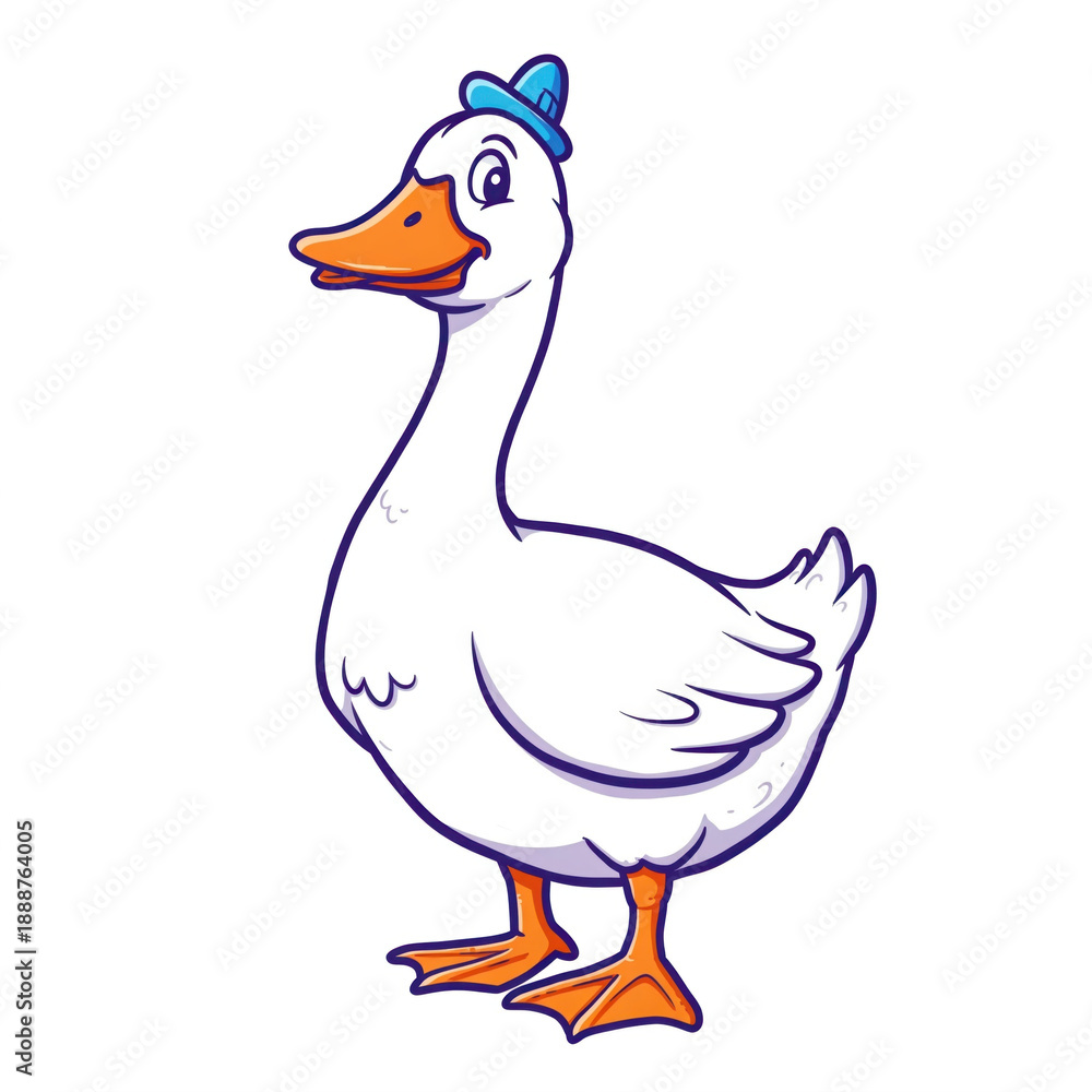 Obraz premium Duck cartoon bird hat illustration mascot on white background, cute farm animal character with orange beak and foot, simple outline art for child poster, playful friendly mood
