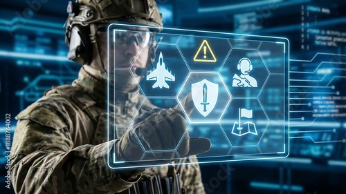 Soldier using virtual touchscreen presses icon of shield with sword symbolizing: military weapons, defense, attack. Attack and Defense Military Modern Tactics Concept. Shield and sword as army , AI