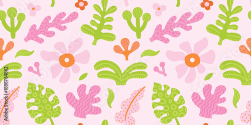 Seamless simple jungle tropical abstract pattern with palm tree, leaves, flowers. Summer texture. Vector illustration. Pink background, pastel color palette, green, rose, orange.