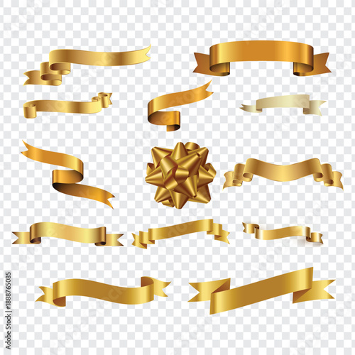 Gold ribbon and bow top view on transparent background