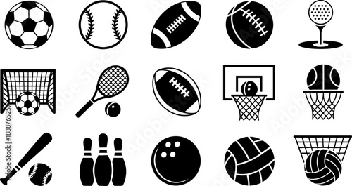 Sports and Games Icon Set – Ball Games, Trophy, Medal, Swimming, Golf, and Athletics Vector EPS Pack