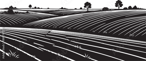 Black and white illustration of rolling hills and fields