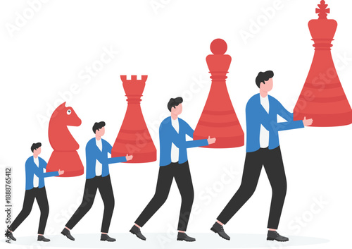 Team of Business Professionals Carrying Giant Red Chess Pieces for Strategic Company Move