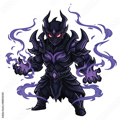 A chibi-style dark fantasy warrior in black and purple armor with glowing energy.