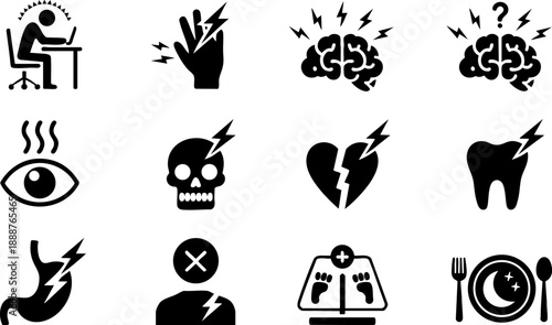 Pain and Health Problem Icon Set – Brain, Heart, Tooth, Eye, and Body Symptoms Vector EPS Design