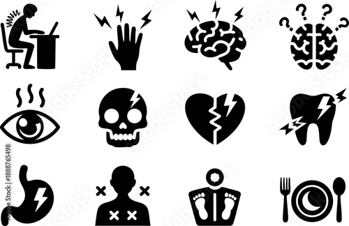 Pain and Health Problem Icon Set – Brain, Heart, Tooth, Eye, and Body Symptoms Vector EPS Design