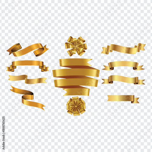 Gold ribbon and bow top view on transparent background