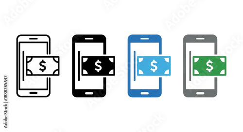Mobile payment and online financial transaction icon set. smartphone with dollar bill symbol. vector illustration