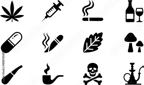 Drugs and Substance Icon Set – Addiction, Smoking, Alcohol, and Health Risk Symbols Vector EPS