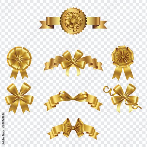 Gold ribbon and bow top view on transparent background