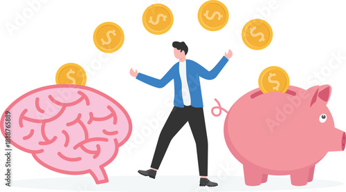 Investing in Knowledge and Finance Concept with Businessman Allocating Wealth to Brain and Savings