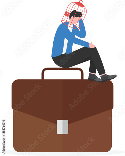 Exhausted Businessman with Head in Cage Representing Mental Stress and Job Pressure at Workplace