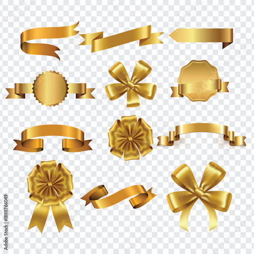 Gold ribbon and bow top view on transparent background