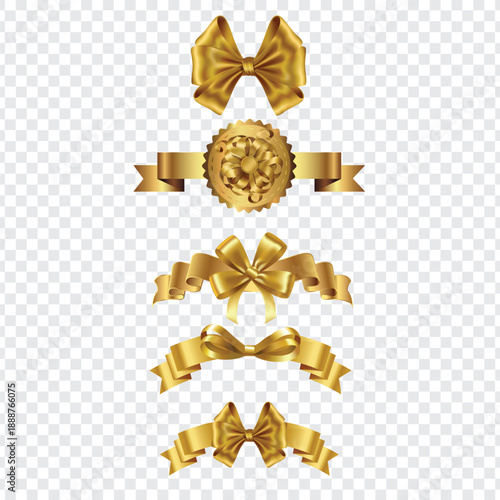 Gold ribbon and bow top view on transparent background