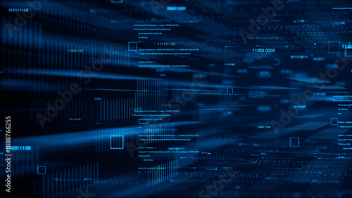 Futuristic digital code and binary data streaming in cyberspace, abstract blue technology background. 3D rendering