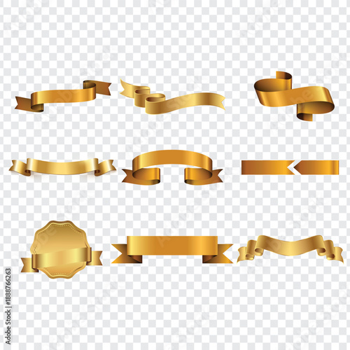 Gold ribbon and bow top view on transparent background