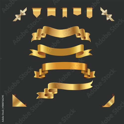 Gold ribbon and bow top view on transparent background