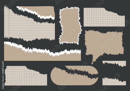 Collection of torn paper scraps and textured note sheets in beige and brown