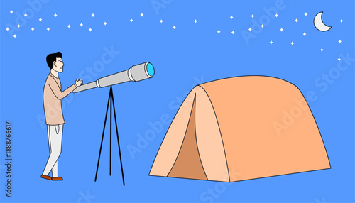 Man is looking through a telescope at a tent