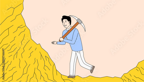 Man is digging a hole in the sand with a pickaxe